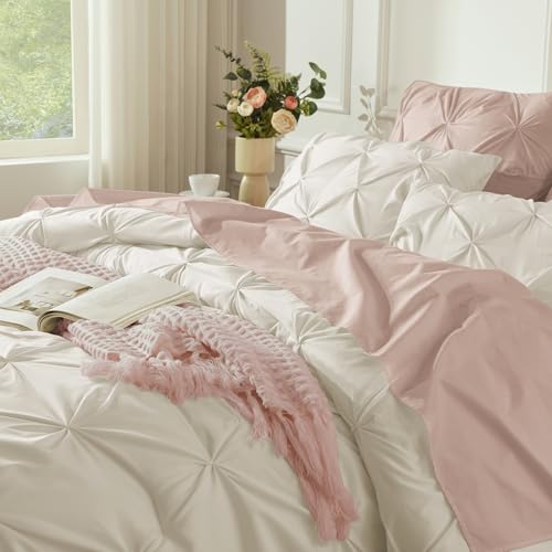 Andency Beige Comforter King (104x90Inch). 3 Pieces Pinch Pleat Lightweight Soft Comforter Set. All Season Pintuck Microfiber Bedding Set