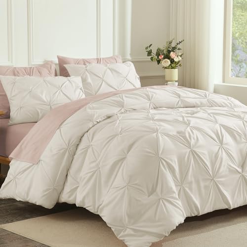 Andency Beige Comforter King (104x90Inch). 3 Pieces Pinch Pleat Lightweight Soft Comforter Set. All Season Pintuck Microfiber Bedding Set
