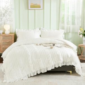 WONGS BEDDING White Comforter Set Twin. 3 Pieces Ruffle Farmhouse Shabby Chic Comforter for Twin Bed. Soft Seersucker Bedding Set with 1 Ruffle Comforter. 2 Tufted Pillowcases 86×68