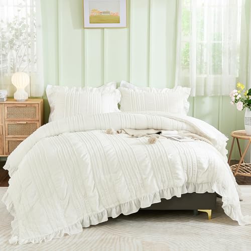 WONGS BEDDING White Comforter Set Twin. 3 Pieces Ruffle Farmhouse Shabby Chic Comforter for Twin Bed. Soft Seersucker Bedding Set with 1 Ruffle Comforter. 2 Tufted Pillowcases 86×68