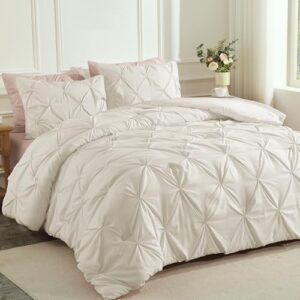 Andency Beige Comforter King (104x90Inch). 3 Pieces Pinch Pleat Lightweight Soft Comforter Set. All Season Pintuck Microfiber Bedding Set