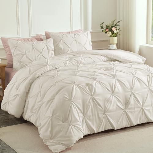 Andency Beige Comforter King (104x90Inch). 3 Pieces Pinch Pleat Lightweight Soft Comforter Set. All Season Pintuck Microfiber Bedding Set