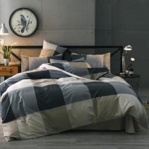 MKXI Plaid Comforter Set Queen Size. Geometric Checkered 3 Pieces Bedding Set Men Boys. Modern Style Comforter with 2 Pillow Shams All Season Soft Fluffy Bedding Set-(Tan.Dark Blue Grey.Khaki)