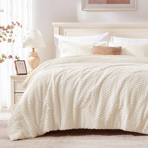 BEDELITE Fluffy Queen Comforter Set - Beige Fleece Soft Comforter for Queen Size Bed. Luxury Warm Bedding Set for Winter. Fuzzy Bed Set 3 Pieces (1 Comforter. 2 Pillowcases)