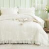 WONGS BEDDING White Comforter Set Twin. 3 Pieces Ruffle Farmhouse Shabby Chic Comforter for Twin Bed. Soft Seersucker Bedding Set with 1 Ruffle Comforter. 2 Tufted Pillowcases 86×68