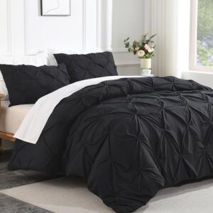 Andency Black Pinch Pleat Comforter Queen(90x90Inch). 3 Pieces(1 Pintuck Comforter and 2 Pillowcases) Pintuck Comforter Set. Microfiber All Season Down Alternative Bedding Set