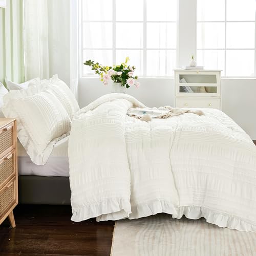 WONGS BEDDING White Comforter Set Twin. 3 Pieces Ruffle Farmhouse Shabby Chic Comforter for Twin Bed. Soft Seersucker Bedding Set with 1 Ruffle Comforter. 2 Tufted Pillowcases 86×68