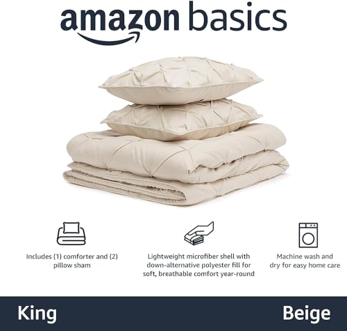 Amazon Basics King Size Soft. Lightweight Comforter Sets. All-Season Down-Alternative 3-Piece Bedding Set. Pinch Pleat Design. Beige