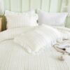WONGS BEDDING White Comforter Set Twin. 3 Pieces Ruffle Farmhouse Shabby Chic Comforter for Twin Bed. Soft Seersucker Bedding Set with 1 Ruffle Comforter. 2 Tufted Pillowcases 86×68