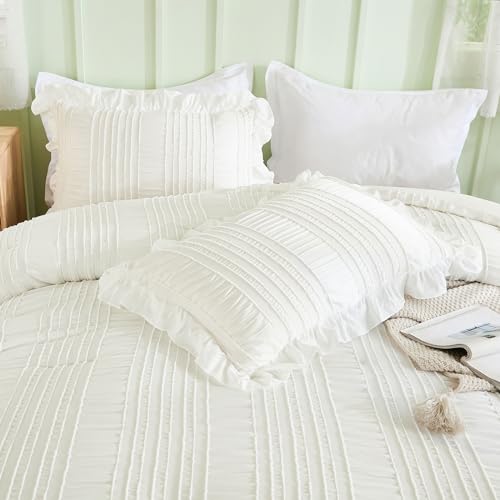 WONGS BEDDING White Comforter Set Twin. 3 Pieces Ruffle Farmhouse Shabby Chic Comforter for Twin Bed. Soft Seersucker Bedding Set with 1 Ruffle Comforter. 2 Tufted Pillowcases 86×68