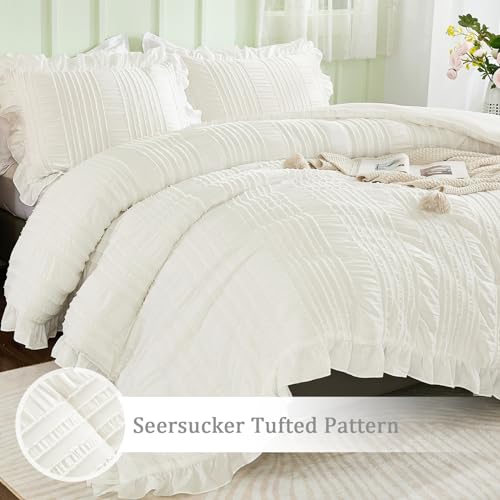 WONGS BEDDING White Comforter Set Twin. 3 Pieces Ruffle Farmhouse Shabby Chic Comforter for Twin Bed. Soft Seersucker Bedding Set with 1 Ruffle Comforter. 2 Tufted Pillowcases 86×68