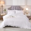 Andency White Comforter Full Size. 3 Pieces Solid Farmhouse Shabby Chic Ruffle Bedding Sets. All Season Soft Lightweight Comfy Down Alternative Bed Set for Girls Teens Men Women