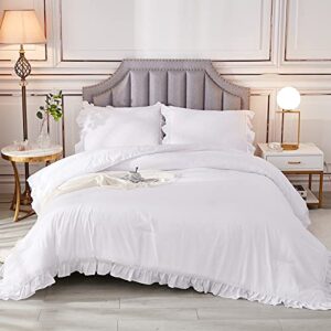 Andency White Comforter Full Size. 3 Pieces Solid Farmhouse Shabby Chic Ruffle Bedding Sets. All Season Soft Lightweight Comfy Down Alternative Bed Set for Girls Teens Men Women