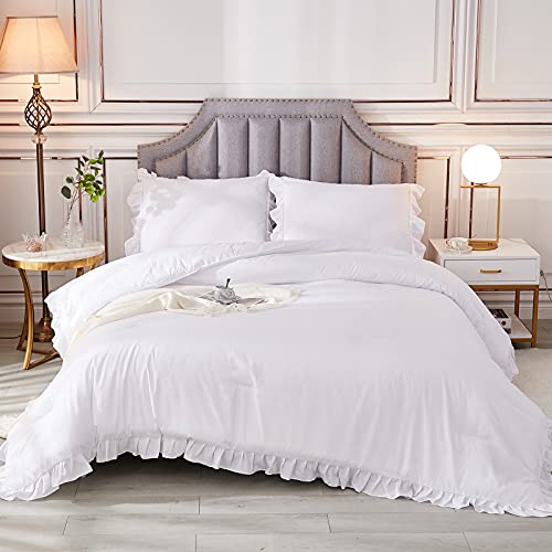 Andency White Comforter Full Size. 3 Pieces Solid Farmhouse Shabby Chic Ruffle Bedding Sets. All Season Soft Lightweight Comfy Down Alternative Bed Set for Girls Teens Men Women