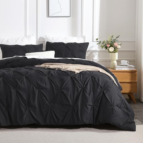 Andency Black Pinch Pleat Comforter Queen(90x90Inch). 3 Pieces(1 Pintuck Comforter and 2 Pillowcases) Pintuck Comforter Set. Microfiber All Season Down Alternative Bedding Set