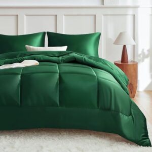 MR&HM Queen Comforter Set Dark Green. Reversible Satin Microfiber Comforter Set for All Seasons. 3 Pieces Non-Slip Silky Soft Bedding Sets with 1 Comforter (90x90) and 2 Pillowcases (20x26)