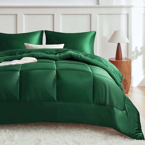 MR&HM Queen Comforter Set Dark Green. Reversible Satin Microfiber Comforter Set for All Seasons. 3 Pieces Non-Slip Silky Soft Bedding Sets with 1 Comforter (90x90) and 2 Pillowcases (20x26)