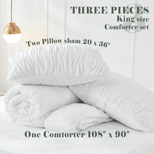 King Size Comforter Set - Ruched White Comforter King Bed Set Boho Shabby Chic Bedding - Fluffy 3 Piece Ruffle Comforter Set with Pillow - Soft and Luxury