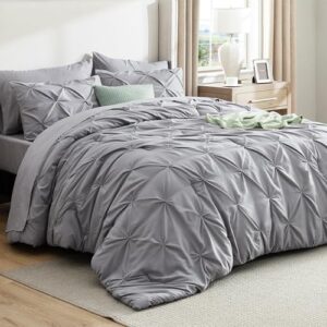 Bedsure Queen Comforter Set Grey - Bed in a Bag Queen Size 7 Pieces. GentleSoft™ Pintuck Bed Set Gift for Family. Pinch Pleat Grey Comforter with Sheets. Pillowcases & Shams