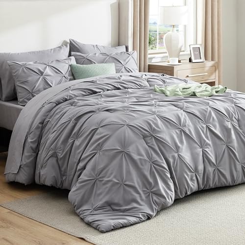Bedsure Queen Comforter Set Grey - Bed in a Bag Queen Size 7 Pieces. GentleSoft™ Pintuck Bed Set Gift for Family. Pinch Pleat Grey Comforter with Sheets. Pillowcases & Shams