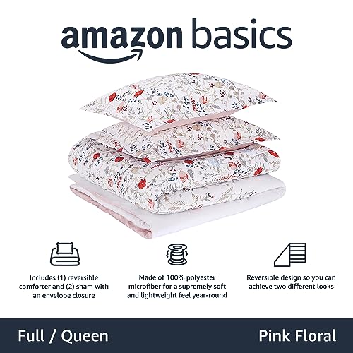 Amazon Basics Full/Queen Size Comforter Sets. Ultra-Soft Lightweight Microfiber Reversible 3-Piece Bedding. Pink Floral
