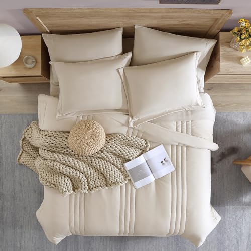 Monbix Full Comforter Set - 7 Pieces Apricot Beige Bed in a Bag Full Size Bedding Sets with Comforters. All Seasons Down Alternative Comforter with Sheets.Pillowcases & Shams