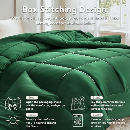 MR&HM Queen Comforter Set Dark Green. Reversible Satin Microfiber Comforter Set for All Seasons. 3 Pieces Non-Slip Silky Soft Bedding Sets with 1 Comforter (90x90) and 2 Pillowcases (20x26)