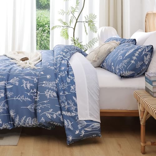 JANZAA Full Comforter Set Infinity Blue Comforter Floral Bedding Sets 3 Pieces Flowers Bed Comforter 1 Soft Reversible Cute Botanical with 2 Pillow Shams