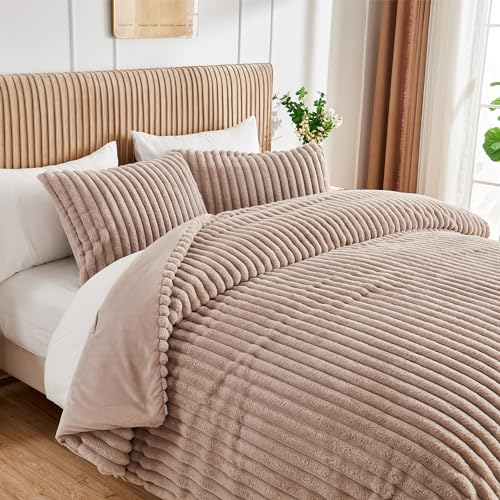 Soft Fluffy Rabbit Fur Comforter Set Shaggy Faux Fur Striped Bedding Set with Pillowcase Winter Warm Plush Fuzzy Bed Set 3 Piece(Khaki. Queen)