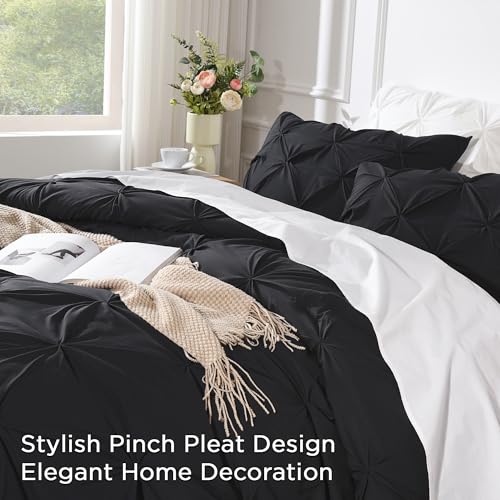 Andency Black Pinch Pleat Comforter Queen(90x90Inch). 3 Pieces(1 Pintuck Comforter and 2 Pillowcases) Pintuck Comforter Set. Microfiber All Season Down Alternative Bedding Set