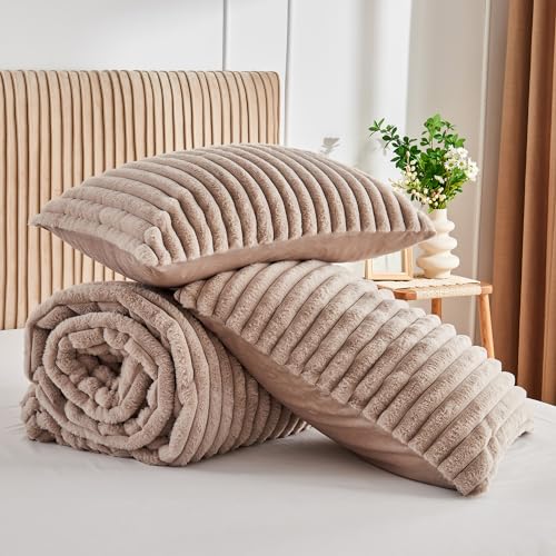 Soft Fluffy Rabbit Fur Comforter Set Shaggy Faux Fur Striped Bedding Set with Pillowcase Winter Warm Plush Fuzzy Bed Set 3 Piece(Khaki. Queen)