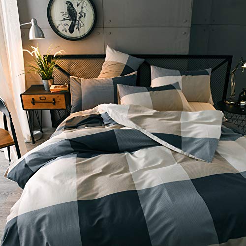 MKXI Plaid Comforter Set Queen Size. Geometric Checkered 3 Pieces Bedding Set Men Boys. Modern Style Comforter with 2 Pillow Shams All Season Soft Fluffy Bedding Set-(Tan.Dark Blue Grey.Khaki)