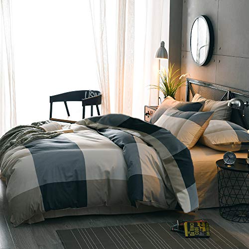 MKXI Plaid Comforter Set Queen Size. Geometric Checkered 3 Pieces Bedding Set Men Boys. Modern Style Comforter with 2 Pillow Shams All Season Soft Fluffy Bedding Set-(Tan.Dark Blue Grey.Khaki)