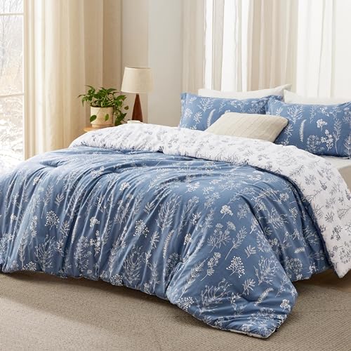Bedsure Queen Comforter Set - Infinity Blue Bed Set. 3 Pieces Cute Floral Bedding. 1 Soft Reversible Botanical Flowers Comforter and 2 Pillow Shams