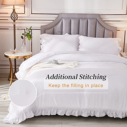 Andency White Comforter Full Size. 3 Pieces Solid Farmhouse Shabby Chic Ruffle Bedding Sets. All Season Soft Lightweight Comfy Down Alternative Bed Set for Girls Teens Men Women