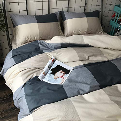 MKXI Plaid Comforter Set Queen Size. Geometric Checkered 3 Pieces Bedding Set Men Boys. Modern Style Comforter with 2 Pillow Shams All Season Soft Fluffy Bedding Set-(Tan.Dark Blue Grey.Khaki)