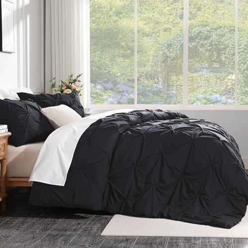 Andency Black Pinch Pleat Comforter Queen(90x90Inch). 3 Pieces(1 Pintuck Comforter and 2 Pillowcases) Pintuck Comforter Set. Microfiber All Season Down Alternative Bedding Set