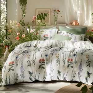 Bedsure Comforter Set Queen Size - Cute Floral Bedding Comforter Set. 3 Pieces. 1 Soft Reversible Coconut White Botanical Flowers Comforter and 2 Pillow Shams