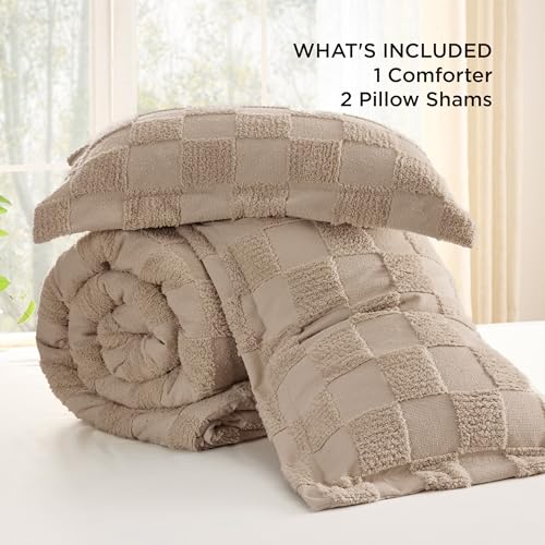 Bedsure Queen Size Comforter Set Khaki. Boho Tufted Bed Set. Checkered Farmhouse Shabby Chic Bedding. 3 Pieces. 1 Plaid Geometric Comforter and 2 Pillow Shams