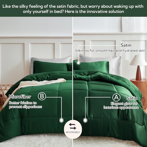 MR&HM Queen Comforter Set Dark Green. Reversible Satin Microfiber Comforter Set for All Seasons. 3 Pieces Non-Slip Silky Soft Bedding Sets with 1 Comforter (90x90) and 2 Pillowcases (20x26)