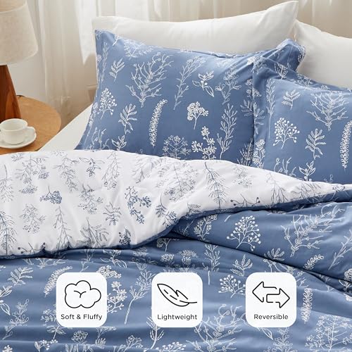 Bedsure Queen Comforter Set - Infinity Blue Bed Set. 3 Pieces Cute Floral Bedding. 1 Soft Reversible Botanical Flowers Comforter and 2 Pillow Shams