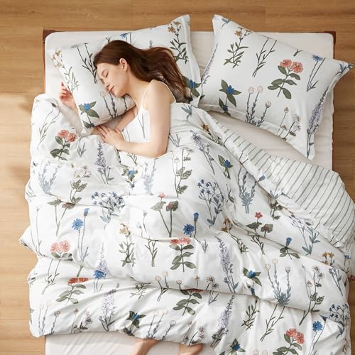 Bedsure Comforter Set Queen Size - Cute Floral Bedding Comforter Set. 3 Pieces. 1 Soft Reversible Coconut White Botanical Flowers Comforter and 2 Pillow Shams