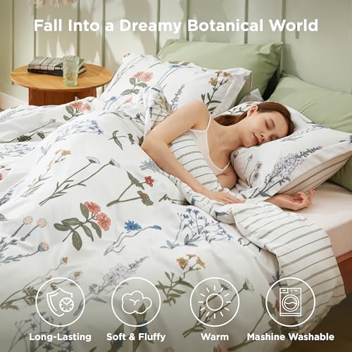 Bedsure Comforter Set Queen Size - Cute Floral Bedding Comforter Set. 3 Pieces. 1 Soft Reversible Coconut White Botanical Flowers Comforter and 2 Pillow Shams