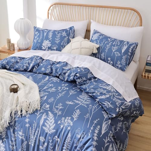 JANZAA Full Comforter Set Infinity Blue Comforter Floral Bedding Sets 3 Pieces Flowers Bed Comforter 1 Soft Reversible Cute Botanical with 2 Pillow Shams