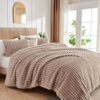 Soft Fluffy Rabbit Fur Comforter Set Shaggy Faux Fur Striped Bedding Set with Pillowcase Winter Warm Plush Fuzzy Bed Set 3 Piece(Khaki. Queen)