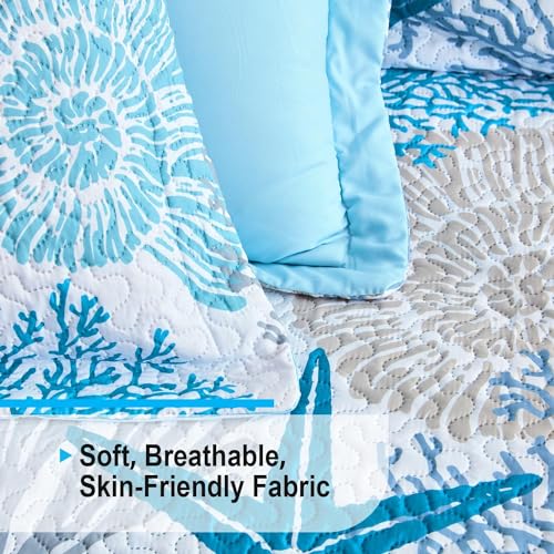 Tritard 3 Piece Coastal Quilt Sets King Size - Reversible Microfiber Quilts with 2 Shams Soft Lightweight Beach Bedding Nautical Bedspread Coverlet Summer Comforter Set for All Season. 106''x96''