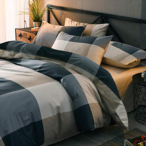MKXI Plaid Comforter Set Queen Size. Geometric Checkered 3 Pieces Bedding Set Men Boys. Modern Style Comforter with 2 Pillow Shams All Season Soft Fluffy Bedding Set-(Tan.Dark Blue Grey.Khaki)