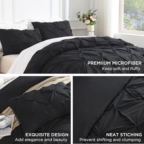Andency Black Pinch Pleat Comforter Queen(90x90Inch). 3 Pieces(1 Pintuck Comforter and 2 Pillowcases) Pintuck Comforter Set. Microfiber All Season Down Alternative Bedding Set