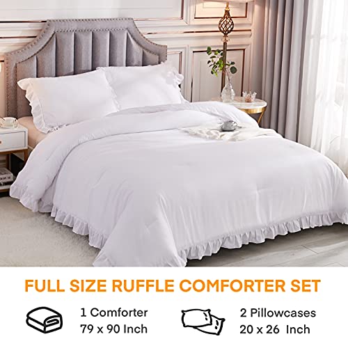 Andency White Comforter Full Size. 3 Pieces Solid Farmhouse Shabby Chic Ruffle Bedding Sets. All Season Soft Lightweight Comfy Down Alternative Bed Set for Girls Teens Men Women