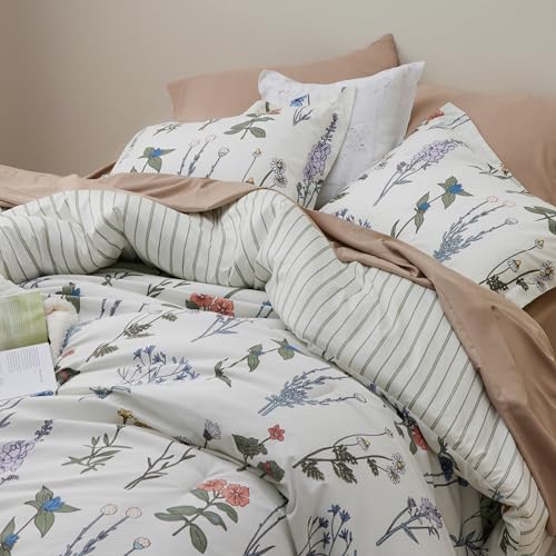 Bedsure Comforter Set Queen Size - Cute Floral Bedding Comforter Set. 3 Pieces. 1 Soft Reversible Coconut White Botanical Flowers Comforter and 2 Pillow Shams